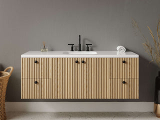 40" - 53" Floating Bathroom Vanity, Handmade in USA, Slatted Wood 2-Door 4-Drawer Model