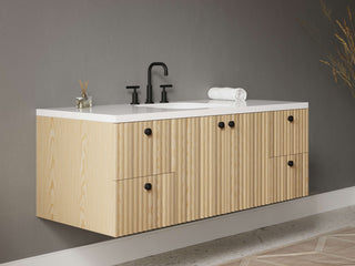 40" - 53" Floating Bathroom Vanity, Handmade in USA, Slatted Wood 2-Door 4-Drawer Model