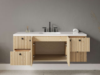 40" - 53" Floating Bathroom Vanity, Handmade in USA, Slatted Wood 2-Door 4-Drawer Model