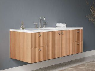 40" - 53" Floating Bathroom Vanity, Handmade in USA, Slatted Wood 2-Door 4-Drawer Model