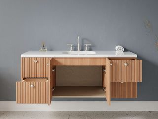 40" - 53" Floating Bathroom Vanity, Handmade in USA, Slatted Wood 2-Door 4-Drawer Model