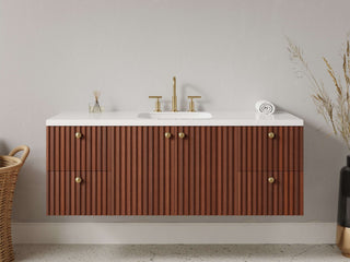 40" - 53" Floating Bathroom Vanity, Handmade in USA, Slatted Wood 2-Door 4-Drawer Model