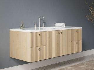 40" - 53" Floating Bathroom Vanity, Handmade in USA, Slatted Wood 2-Door 4-Drawer Model