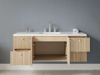 40" - 53" Floating Bathroom Vanity, Handmade in USA, Slatted Wood 2-Door 4-Drawer Model