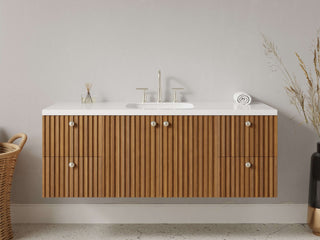 40" - 53" Floating Bathroom Vanity, Handmade in USA, Slatted Wood 2-Door 4-Drawer Model