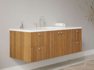 40" - 53" Floating Bathroom Vanity, Handmade in USA, Slatted Wood 2-Door 4-Drawer Model