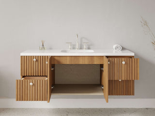 40" - 53" Floating Bathroom Vanity, Handmade in USA, Slatted Wood 2-Door 4-Drawer Model