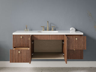 40" - 53" Floating Bathroom Vanity, Handmade in USA, Slatted Wood 2-Door 4-Drawer Model