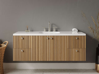 40" - 53" Floating Bathroom Vanity, Handmade in USA, Slatted Wood 2-Door 4-Drawer Model