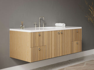 40" - 53" Floating Bathroom Vanity, Handmade in USA, Slatted Wood 2-Door 4-Drawer Model