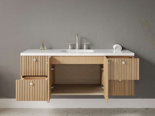 40" - 53" Floating Bathroom Vanity, Handmade in USA, Slatted Wood 2-Door 4-Drawer Model