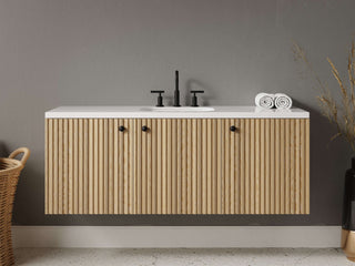 40" - 53" Floating Bathroom Vanity, Handmade in USA, Slatted Wood 3-Door Model