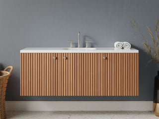 40" - 53" Floating Bathroom Vanity, Handmade in USA, Slatted Wood 3-Door Model