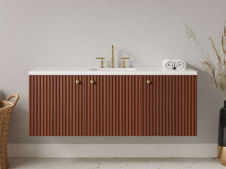 40" - 53" Floating Bathroom Vanity, Handmade in USA, Slatted Wood 3-Door Model