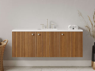 40" - 53" Floating Bathroom Vanity, Handmade in USA, Slatted Wood 3-Door Model