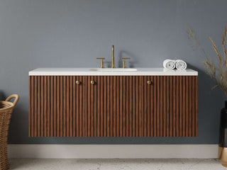 40" - 53" Floating Bathroom Vanity, Handmade in USA, Slatted Wood 3-Door Model