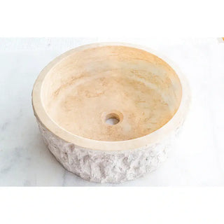 Denizli Beige Travertine Rustic Stone Round Above Vanity Bathroom Sink (D)16" (H)6"