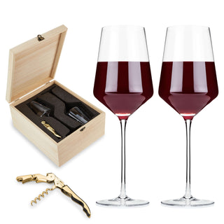 Crystal Bordeaux Glasses & Gold Corkscrew Gift Box Set