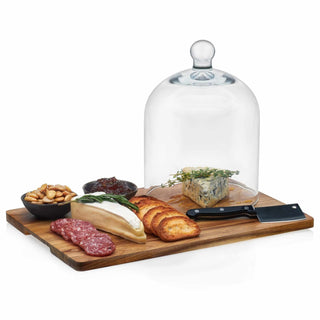 Libbey Acaciawood Cheese Board Set with Glass Dome, nuts, cheese, salami, and bread displayed elegantly for serving.